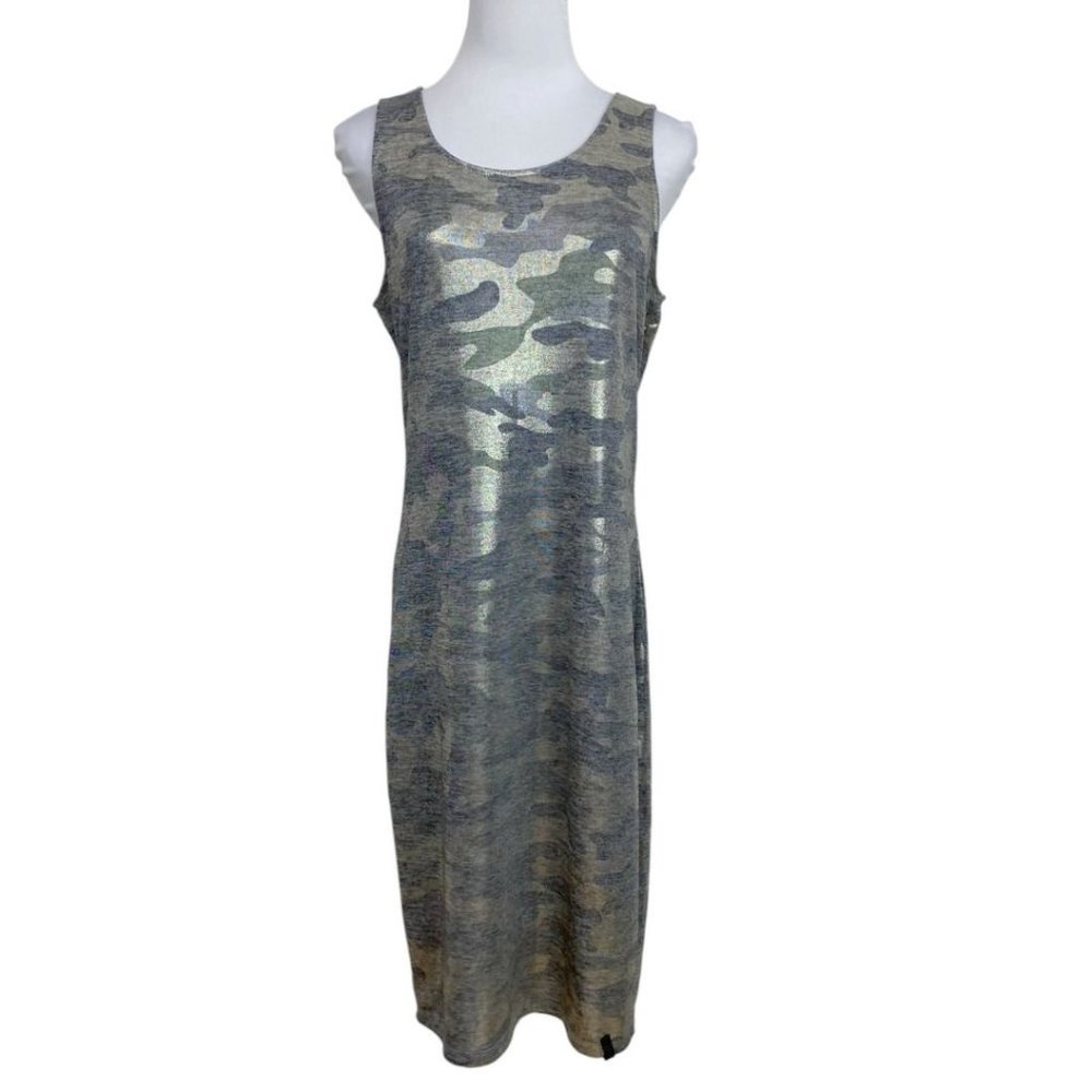 RUDSAK Metallic Olive Green Camo Midi Dress